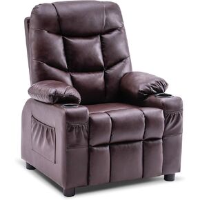 MCombo Big Kids Recliner for Ages 3+, Child Recliner Chair, Toddlers Recliner Sofa with Cup Holders (Faux Leather, Dark Brown)