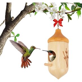 Hummingbird House, Natural Wooden Hummingbird Houses for Outside, Bird Houses with Cotton, Bow, String, Gardening Gifts Home Decoration (Style-3, 1 Pack)