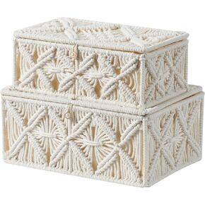 2PCS Decorative Boho Storage Baskets with Lid Bohemian Macrame Jewelry Box Handmade Natural Cotton Rope Woven Bins Memory Keepsake Makeup Organizer Container (Off White, 1 Large 1 Small)