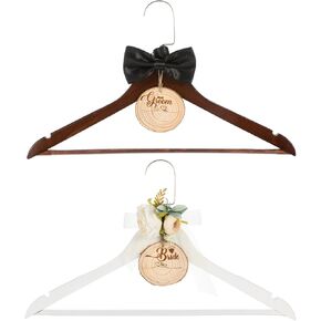2 Pack Wedding Hangers for Bride & Groom, Wooden Wedding Dress Hanger Set with Bride Groom Name Tags Flowers and Bow Tie for Wedding Wedding Day Photos and Gift