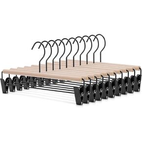 Nature Smile Deluxe Beech Wooden Pants Hangers Bottom Hanger Jeans Hanger Trousers Skirt Hanger with 2-Adjustable Black Matt Clips and Hook 10 Pack (Natural Wood+Black Metal)
