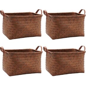 GIB Wicker Storage Baskets for Shelves with Handles 4 Pack, 15"x11" Hand Woven Decorative Rectanguler Baskets Bins Organizer for Blankets Clothes Laundry Bathroom Nursery Picnic, Brown