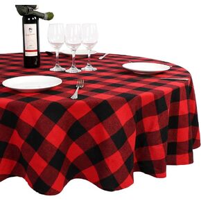 OurWarm Christmas Tablecloth Round, Buffalo Plaid Tablecloth 70 x 70 Inches with 100% Cotton Waterproof Red and Black Checkered Tablecloth for Christmas Table Decor