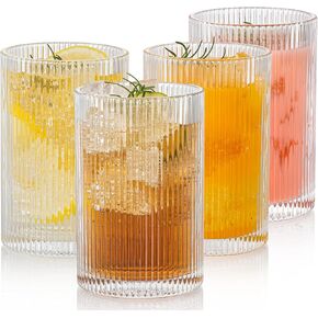Vintage Ribbed Glassware Set: 4pcs 16.9oz XL Drinking Glasses, Fluted Ripple Drinkware, Origami Style, Elegant Glassware for Whiskey, Cocktail, Iced Coffee, Juice, Beer, Soda