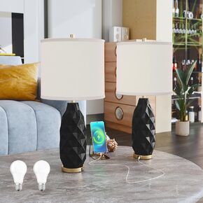 Table Lamps Set of 2 with 2 LED Bulbs & USB Charging Port, Bedside Lamps for Night Stands, 3-Way Dimmable Modern Side Table Lamp Set, Desk lamp for Living Room, Bedroom, Entryway, Prism, Black