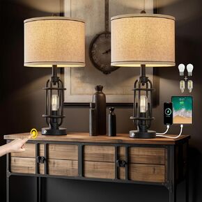 23.75'' Industrial Black Metal Table Lamps Living Room Lamp for Nightstand Set of 2 Bedside End Lamp Home Decor Touch Lamp Modern Lamps with USB Ports