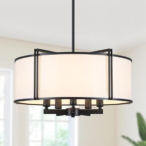 19.6'' Black Drum Chandelier 5-Light Modern White Fabric Chandeliers for Dining Room Adjustable Farmhouse Pendant Light Fixture for Kitchen Island Living Room Bedroom