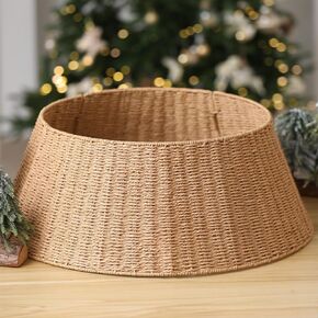 Handmade Christmas Tree Collar Basket Skirt-Elegant Woven Rattan Ring Base Cover-28in Stand Decoration for Holiday Home-Ideal for Covering Tree Stand