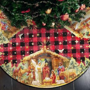 Double Sided Buffalo Plaid Nativity Christmas Tree Skirt, 36 Inch Red Tree Skirt, Jesus Nativity Holy Night Soft Farmhouse Holiday Xmas Trees Decoration, Nativity Christmas Blue Tree Skirt