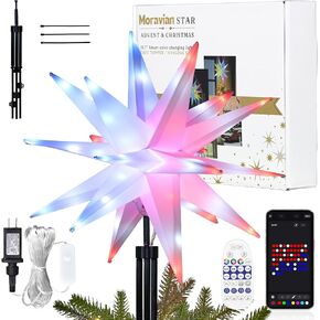 Christmas Star Tree Topper Lighted Plug in, 15.7 Inch Outdoor Foldable Lightweight Moravian Star Tree Topper, Timer & Smart Colorful Remote Control, Christmas Hanging Star with Lights