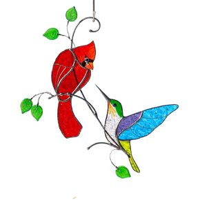 Hummingbird Cardinal Birds Stained Glass Suncatcher Genuine Stained Glass Window Hangings Unique Indoor Ornament & Outdoor Decor (CARDINAL AND HUMMINGBIRD)