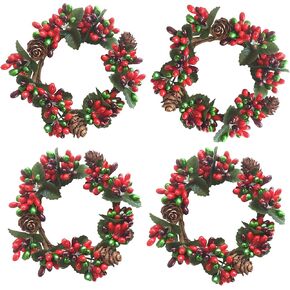 4×Mini Christmas Candle Rings Kitchen Cabinet Wreaths Red Berry Pinecones Artificial Berries Tea Light Rings with Pine Cones Small Wreaths for Xmas Wedding Home Party Decro (Mini Christmas Weath) in Kuwait