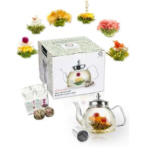 TETWIN Glass Teapot Including 6 Blooming Flower Tea Balls, Stovetop Safe Tea Pot with Removable Infuser for Loose Leaf Tea, 1000ml / 33.8oz