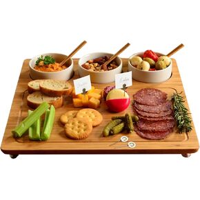 Picnic at Ascot Bamboo Cheese Board/Charcuterie Platter - Includes 3 Ceramic Bowls with Bamboo Spoons & Cheese Markers -13"x 13"- Designed and Quality Checked in the USA
