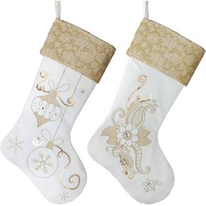 Valery Madelyn Christmas Stockings Decorations, 21 Inch Fabric 2 Pack White Gold Flowers Embroidery Plush Personalized Fireplace Hanging Ornament for Holiday Xmas Party Decor