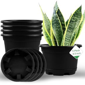 5 Pack 8.5 inch Plant Pot,Outdoor Flower Pots,Plastic pots for Plants with Drainage Holes and Trays, Decorative Garden Containers Sets for Houseplants.