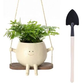 Cute Swing Hanging Planter with Smiley Face - Indoor Hanging Flower Pot in Khaki with Drainage Hole, Perfect for Indoor Plants