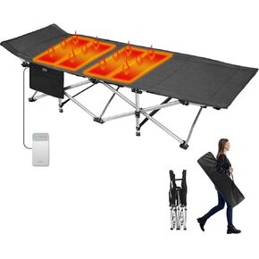 PLKO Heated Camping Cot for Adults, Heavy Duty Folding Camping Cot with Carry Bag, Ideal for Camping, Travel, Office or Home, Max Load 500lbs, Black