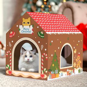 Cardboard Cat House Christmas Cat House for Indoor Cats Christmas Cat Scratcher (16.5''x12.5''x15.5'') Cat Hideaway Large Cat Playhouse Cardboard House Box for Kitten Small Animals