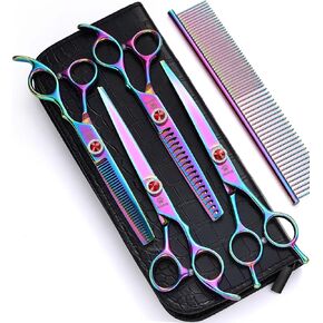 GLADOG 7 Inch Professional Dog Grooming Scissors Kit, Titanium Dog Scissors for Grooming, Heavy-Duty Dog Shears for Grooming, 6-in-1 Pet Grooming Scissors for Dogs, Cat Grooming Scissors (Rainbow)