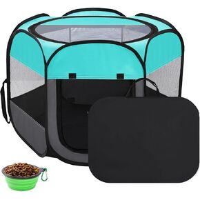 Pet Tent Playpen for Cat Dog Indoor Outdoor, Foldable Portable Puppy Playpen, Pop Up Dog Kitten Kennel Playpen with Carrying Case and Bowl,Green,Large
