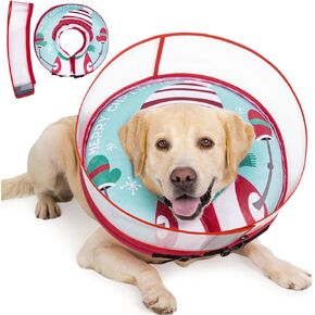Dog Soft Cone, Dog Surgery Donut Collar with Guard Shield Prevent Licking of Wounds Stitches, Inflatable Cone for Dogs, Do Not Block The View Dog Recovery Cone (Xmas Elf, Large)