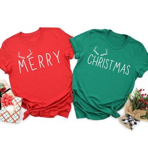 Merry Christmas Couple Shirt, Family Christmas Pajamas, Christmas Matching Outfit, Christmas T-Shirt, Christmas Gifts, Funny Christmas Tee (RED,MERRY, ADULT XL)