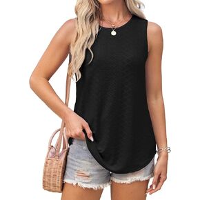 Womens Tank Tops Round Neck Sleeveless Shirts Flowy Loose Fit Basic Casual Eyelet Summer Tops Fashion Tanks