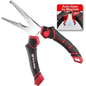 7'' Fishing Pliers, Angled Head Split Ring Pliers, Auto-Open by Magnets, Corrosion Resistant Fish Hook Remover, Saltwater Crimping Shot & Wire Cutter Tool