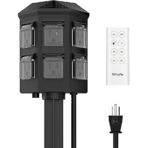 Outdoor Power Stake Timer, 100FT Remote Control, Dusk to Dawn Christmas Light Timer, 6FT Extension Cord Waterproof, 6 Grounded Outlets for Outdoor Christmas Decorations, ETL Listed