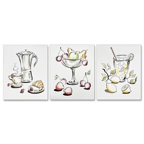Hand-Drawn Kitchen Wall Art Decor – 8"x10“, created by Verray Art Studio, Line Drawing Prints with Hand-Painted Watercolor - ideal for kitchen or dining area, Set of 3, UNFRAMED