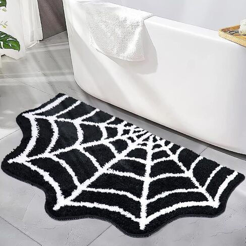 Halloween Spider Web Bath Mat for Bathroom Rugs Non Slip Machine Washable,Gothic Cute Black White Round Circle Bath Mat Non Slip Cartoon Round Shaped Bathtub Rug Bathroom Tub Plush Shower Rugs in Saudi Arabia