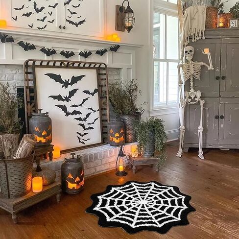Halloween Spider Web Bath Mat for Bathroom Rugs Non Slip Machine Washable,Gothic Cute Black White Round Circle Bath Mat Non Slip Cartoon Round Shaped Bathtub Rug Bathroom Tub Plush Shower Rugs in Saudi Arabia