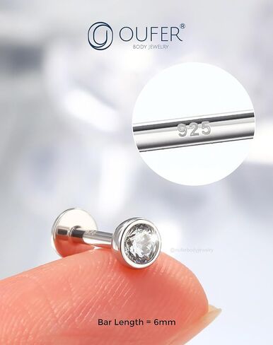 OUFER 925 Sterling Silver Helix Earrings Studs, 16G Flat Back Earrings, Silver Internally Threaded Cartilage Earrings Stud, Clear CZ Lip Rings, Ear Piercing Jewelry for Women Men-6mm in Saudi Arabia