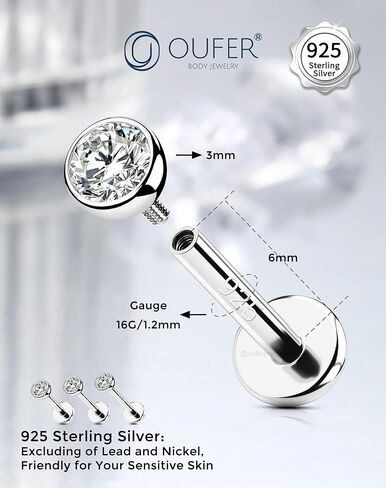 OUFER 925 Sterling Silver Helix Earrings Studs, 16G Flat Back Earrings, Silver Internally Threaded Cartilage Earrings Stud, Clear CZ Lip Rings, Ear Piercing Jewelry for Women Men-6mm in Saudi Arabia