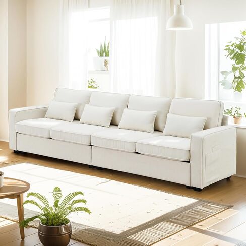LUSPAZ Minimalist Style Linen Fabric Sofa Set, with Armrest Pockets and 4 Pillows,Modern 104" 4-Seater Couch for Living Room,Beige in Saudi Arabia