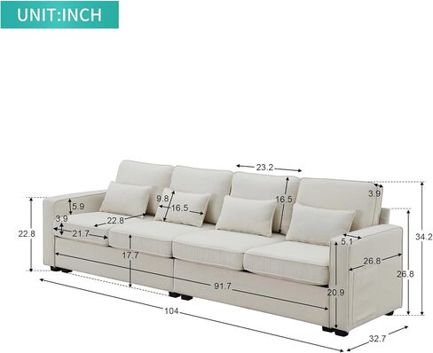 LUSPAZ Minimalist Style Linen Fabric Sofa Set, with Armrest Pockets and 4 Pillows,Modern 104" 4-Seater Couch for Living Room,Beige in Saudi Arabia