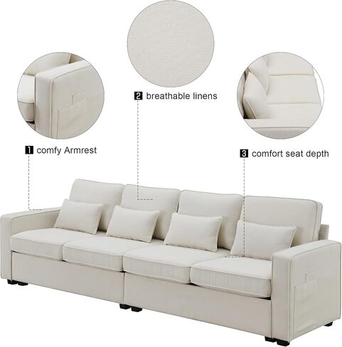 LUSPAZ Minimalist Style Linen Fabric Sofa Set, with Armrest Pockets and 4 Pillows,Modern 104" 4-Seater Couch for Living Room,Beige in Saudi Arabia