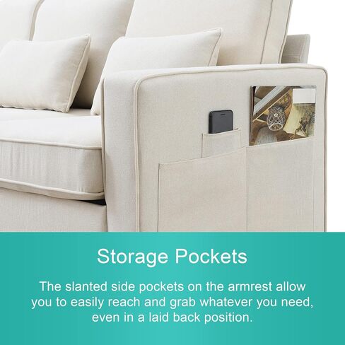 LUSPAZ Minimalist Style Linen Fabric Sofa Set, with Armrest Pockets and 4 Pillows,Modern 104" 4-Seater Couch for Living Room,Beige in Saudi Arabia