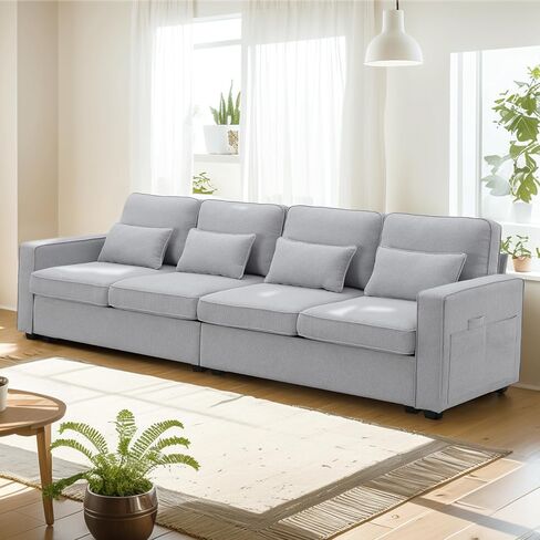 LUSPAZ Minimalist Style Linen Fabric Sofa Set, with Armrest Pockets and 4 Pillows,Modern 104" 4-Seater Couch for Living Room,Beige in Saudi Arabia