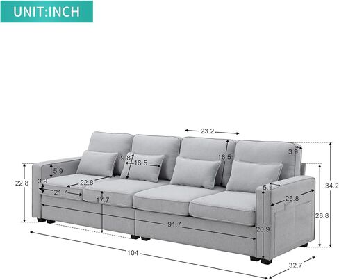 LUSPAZ Minimalist Style Linen Fabric Sofa Set, with Armrest Pockets and 4 Pillows,Modern 104" 4-Seater Couch for Living Room,Beige in Saudi Arabia