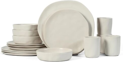 Stone by Mercer Project HEKONDA Modern Stoneware 32-Piece Dinnerware Set, Plate and Bowl Set, Dish Set for 8, Beige in Saudi Arabia