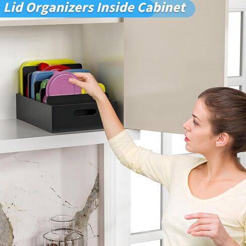 Bamboo Lid Organizers Inside Cabine, Lid Organizer Kitchen Cabinet Organizer with 5 Adjustable Dividers, Food Container Plastic Lids Organizer Holders for Drawer Pantry, Nature in Saudi Arabia