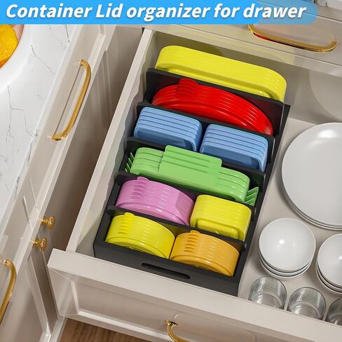 Bamboo Lid Organizers Inside Cabine, Lid Organizer Kitchen Cabinet Organizer with 5 Adjustable Dividers, Food Container Plastic Lids Organizer Holders for Drawer Pantry, Nature in Saudi Arabia