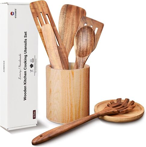 Wooden Kitchen Utensils Set of 6 Pcs, ESSBES Natural Acacia Wood Cooking Utensils for Non-Stick Cookware, Spreading, Cooking, Stirring, Mixing, Reaching Bottom of Jar, Wooden Spoons Utensils in Saudi Arabia