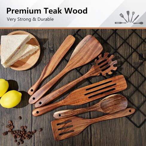 Wooden Kitchen Utensils Set of 6 Pcs, ESSBES Natural Acacia Wood Cooking Utensils for Non-Stick Cookware, Spreading, Cooking, Stirring, Mixing, Reaching Bottom of Jar, Wooden Spoons Utensils in Saudi Arabia