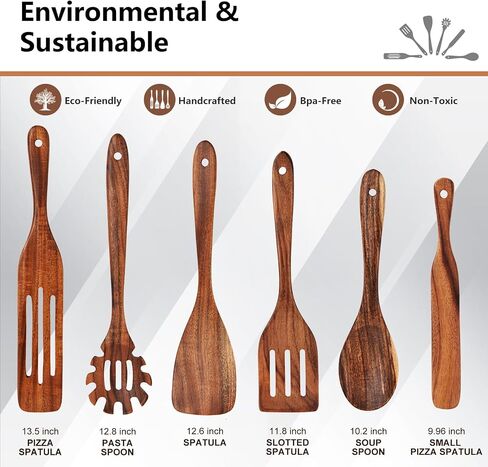 Wooden Kitchen Utensils Set of 6 Pcs, ESSBES Natural Acacia Wood Cooking Utensils for Non-Stick Cookware, Spreading, Cooking, Stirring, Mixing, Reaching Bottom of Jar, Wooden Spoons Utensils in Saudi Arabia