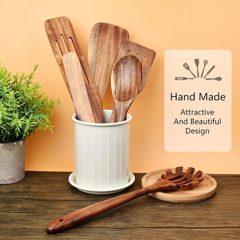 Wooden Kitchen Utensils Set of 6 Pcs, ESSBES Natural Acacia Wood Cooking Utensils for Non-Stick Cookware, Spreading, Cooking, Stirring, Mixing, Reaching Bottom of Jar, Wooden Spoons Utensils in Saudi Arabia