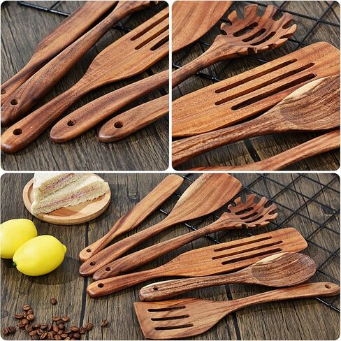 Wooden Kitchen Utensils Set of 6 Pcs, ESSBES Natural Acacia Wood Cooking Utensils for Non-Stick Cookware, Spreading, Cooking, Stirring, Mixing, Reaching Bottom of Jar, Wooden Spoons Utensils in Saudi Arabia