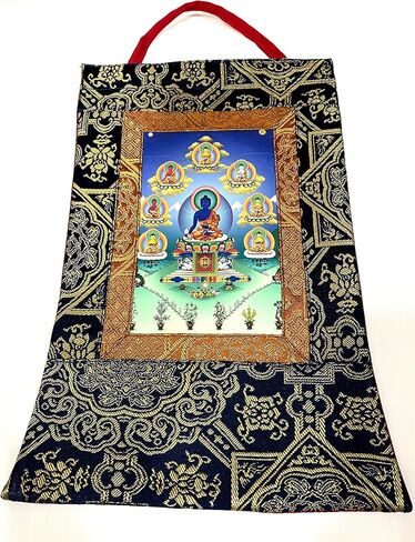 Tibetan buddhist dark blue silk brocade medicine buddha small thangka wall hanging/printed on canvas/handmade in nepal in Saudi Arabia